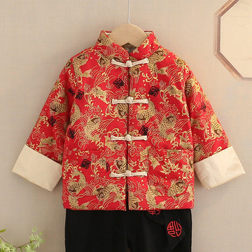 Traditional Asian Chinese Winter Quilted Tang Jacket Suit+ Pants Set for Kids Boys |Chinese Wedding/ Lunar New Year - Oriental Me
