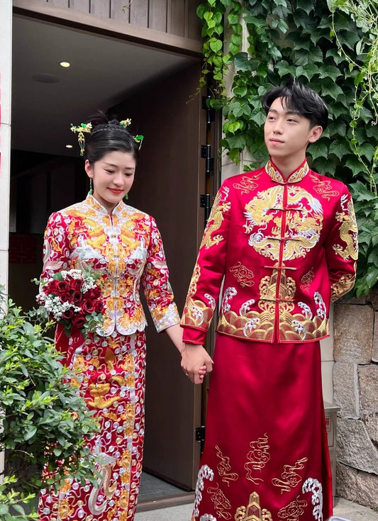 Traditional chinese dragon phoenix qun kwa dress for bride and ma gua for groom