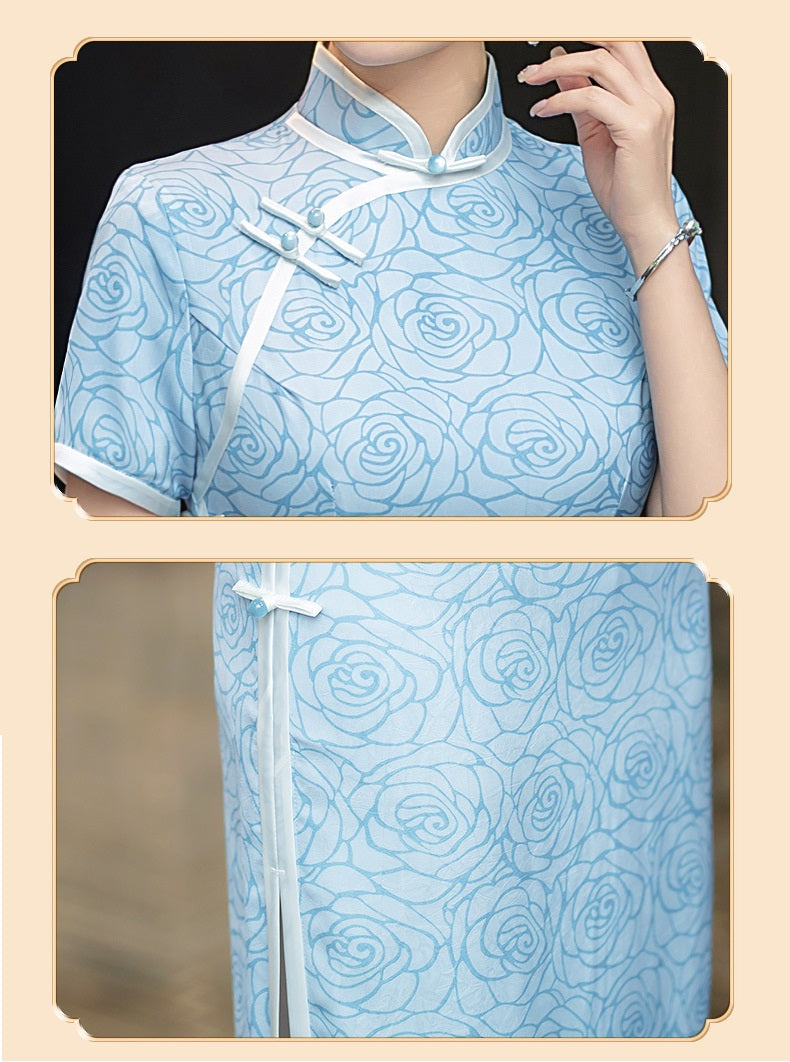 modern chinese Blue Floral Cheongsam Qipao Dress detail
