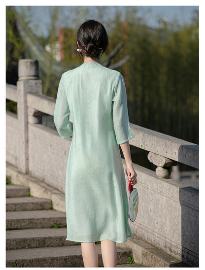 Green Bamboo Leaves Print Loose Cheongsam Qipao Dress