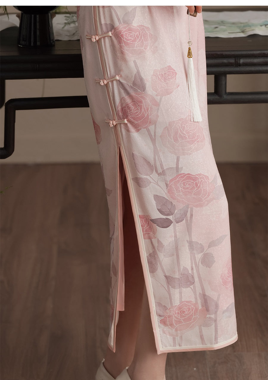 Short  Sleeves pink rose printed qipao cheongsam dress full length skirt