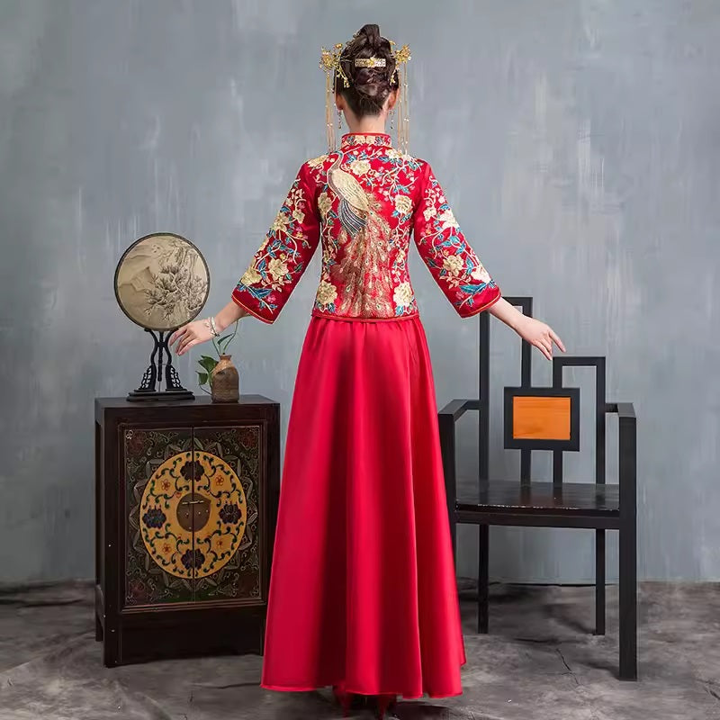 Red Chinese Wedding Bridal Qun kwa Dress| Peacock Plain