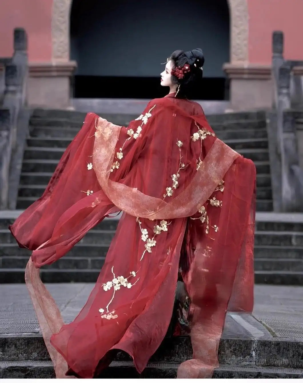 Robe Traditionnelle Chinoise Fille - Style Princesse Dynastie Tang - Manches Longues, Motifs Fleuris - Pour Fêtes - 4
