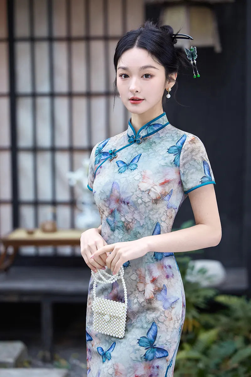 Blue Midi Length Qipao Dress with Butterfly and Floral Print