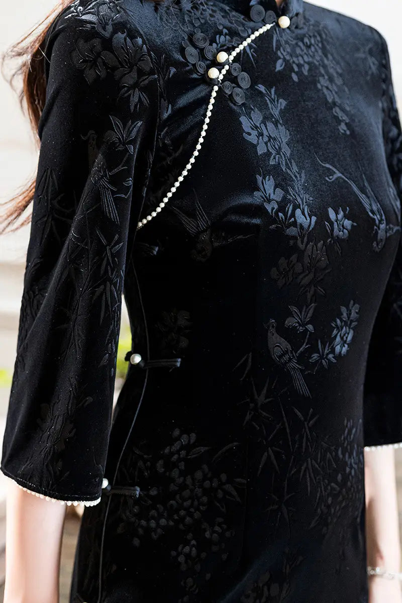 Black/Blue 3/4 Long Sleeves Velvet Jacquard Qipao with Pearl Trim