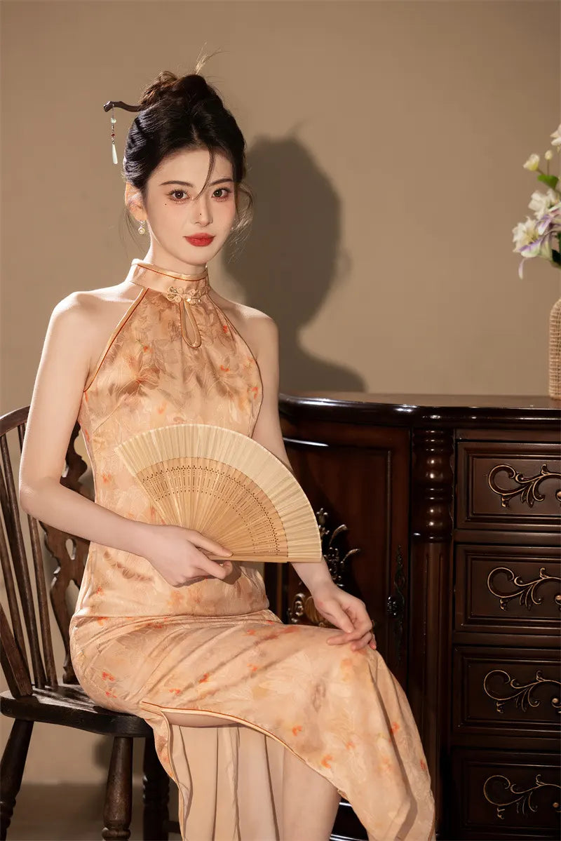 Halter Neck Floral Midi Cheongsam Qipao Dress