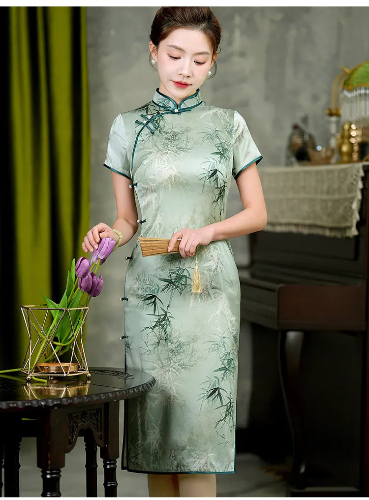 Green Bamboo Leaves Print Silk Qipao Dress