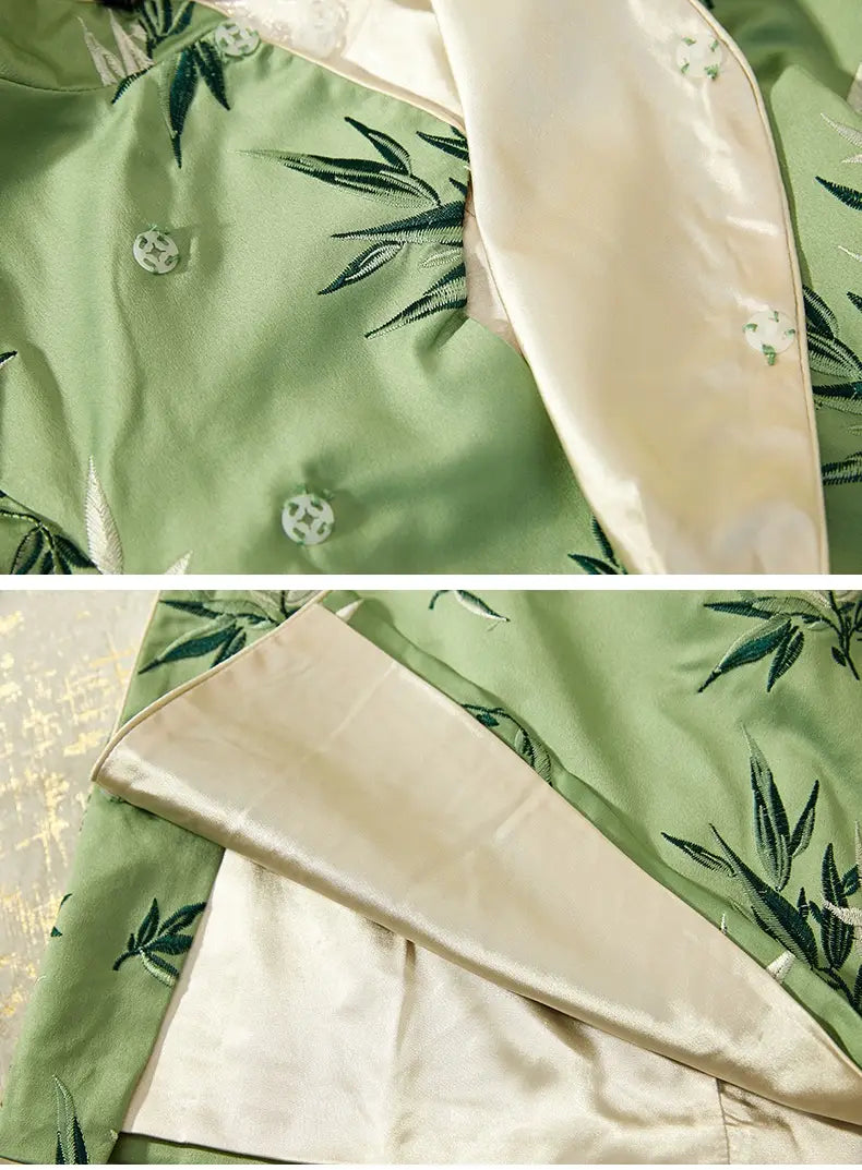 Grünes, modernes chinesisches kurzes Qipao-Kleid mit Bambusblättern