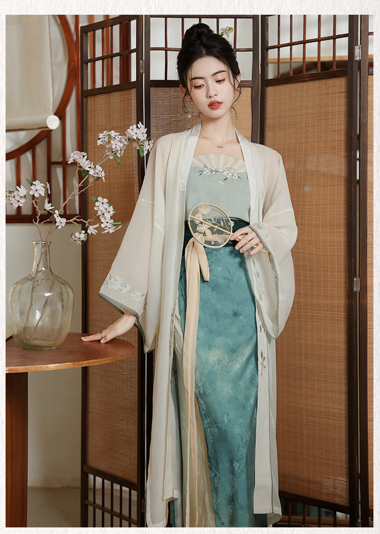 Teal & Ivory Embroidered Three-Piece Song Dynasty Hanfu Dress