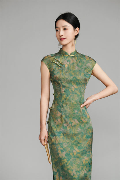 Long Green Qipao with Gold Floral and Butterfly Pattern