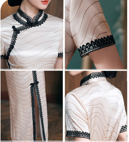 Robe qipao en soie blanc ivoire avec bordure en dentelle noire | Midnight Waves