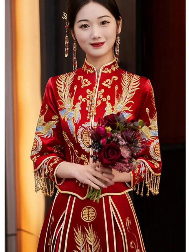 Traditional Red Chinese Bridal Xiuhe Phoenix Wedding Gown