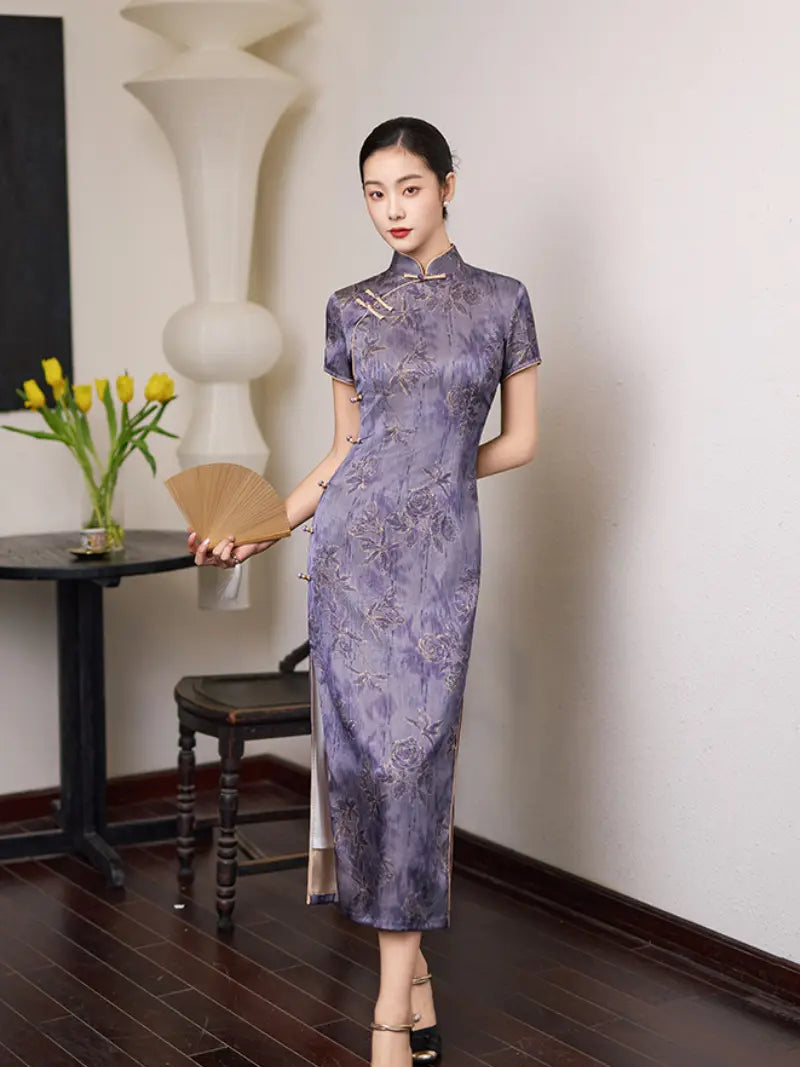 Qipao longue à fleurs lavande vintage