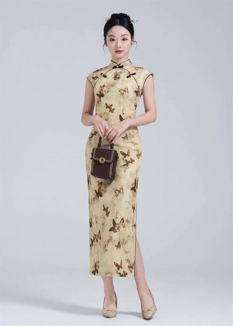 Beige Butterfly Print Qipao Dress