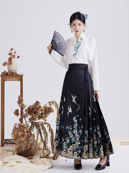 Black Floral Ming-style MaMian Skirt and Cross-collar Blouse