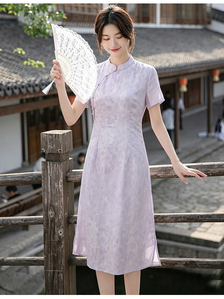 Modern Lavender A-line Short Sleeve Summer Qipao Dress