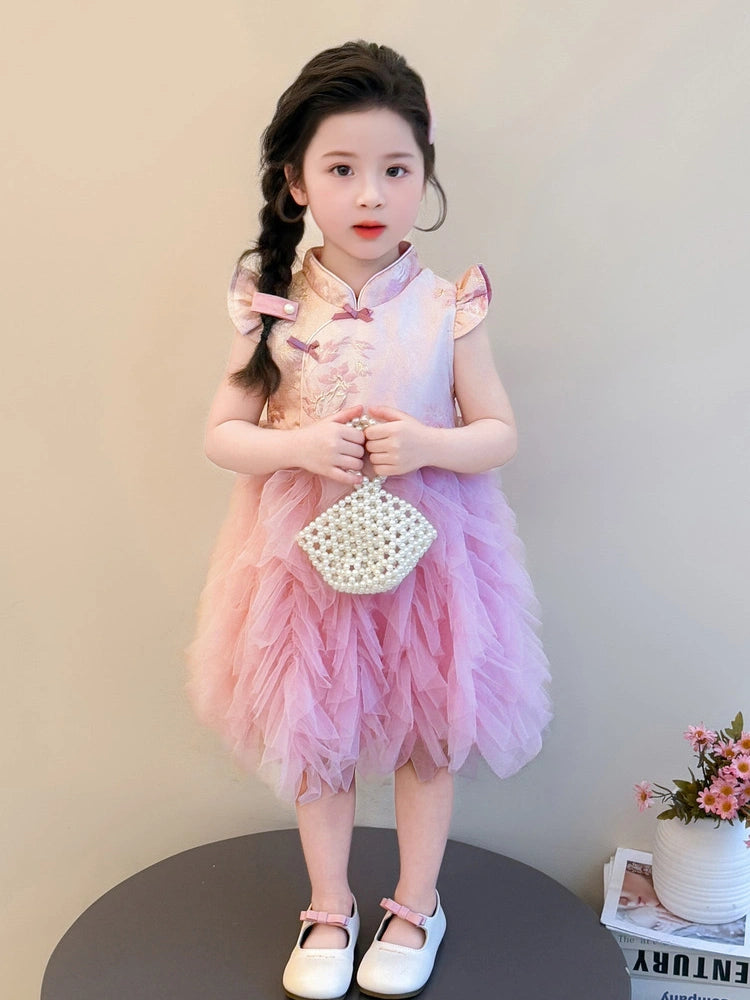 Robe Qipao moderne en tulle rose à fleurs pour filles