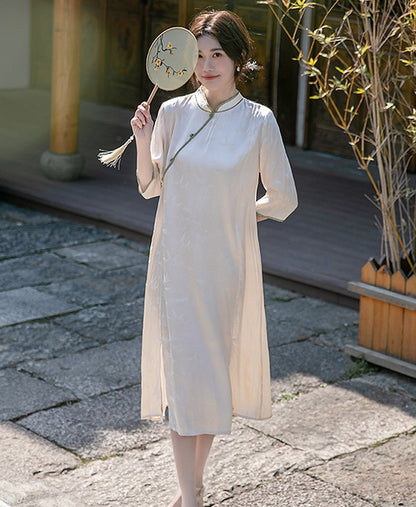 Robe Qipao Cheongsam ample en jacquard blanc ivoire