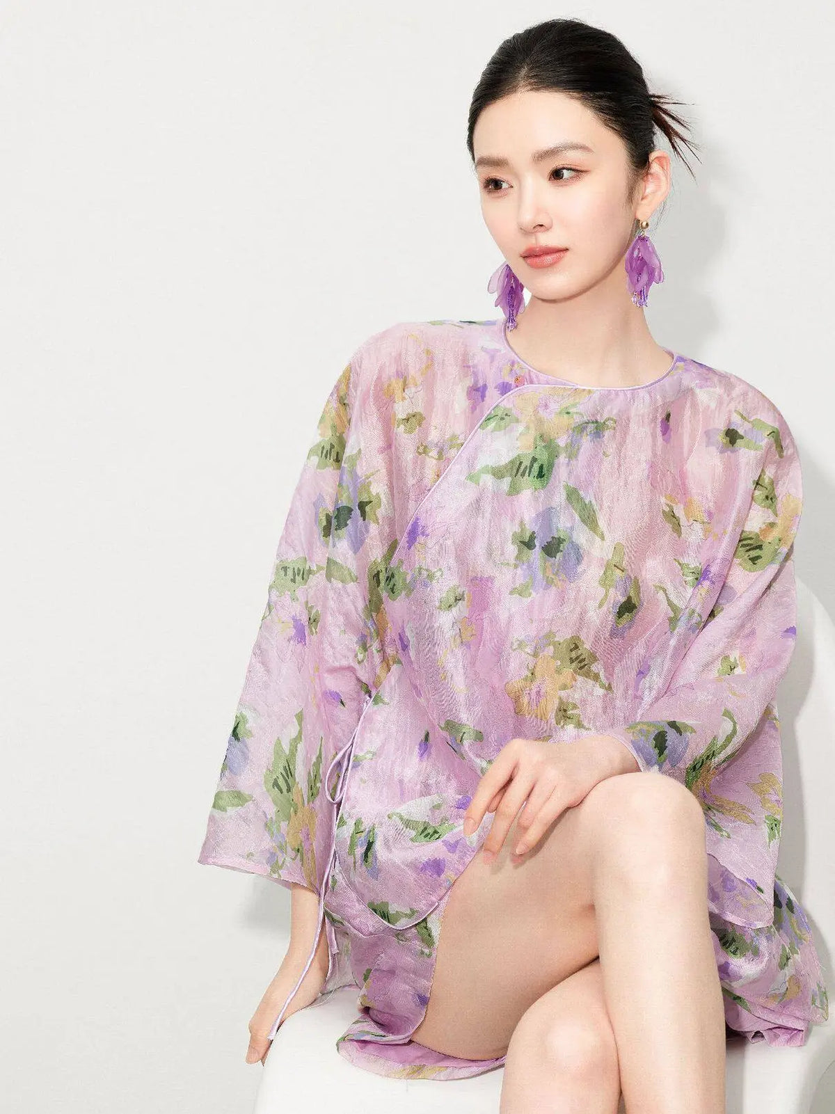 New Chinese Style - Asymmetrical Top & Elastic Waist Shorts in Lilac