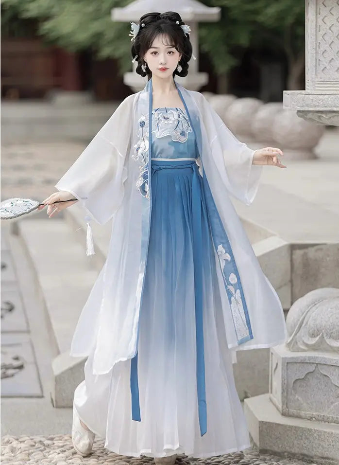 Blue and White Traditional chinese Song Dynasty Hanfu Dress with lotus flowers