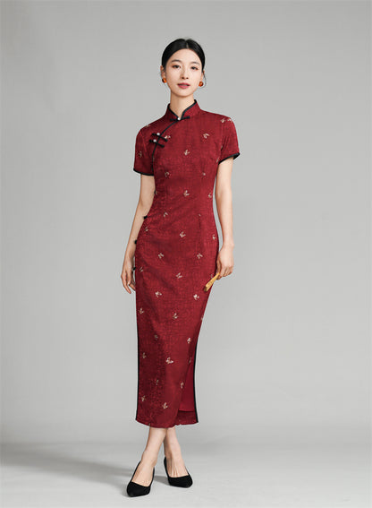 Burgundy Red Short Sleeves Floral Jacquard Qipao Dress