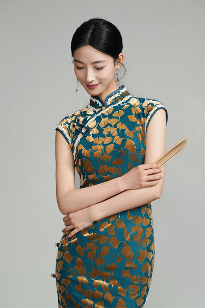 Velvet Ginkgo Leaf Floral Print Cheongsam Dress