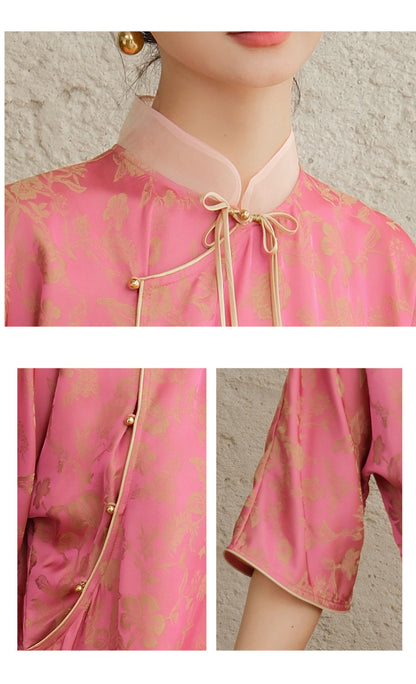 Lockeres Cheongsam-Qipao-Kleid aus Jacquard in Rosa