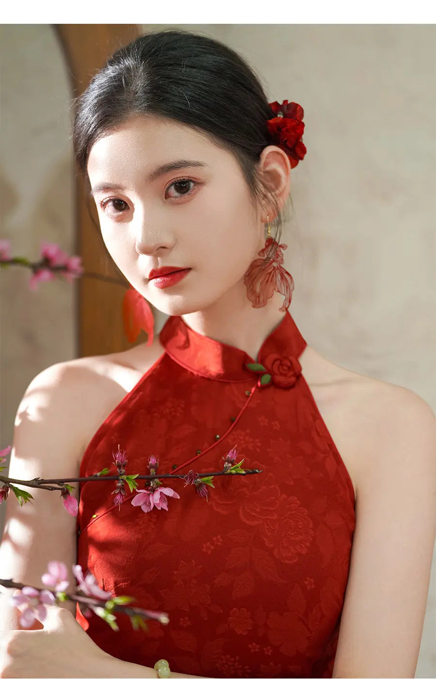 Red Floral Jacquard Halter Modern Bridal Cheongsam Dress