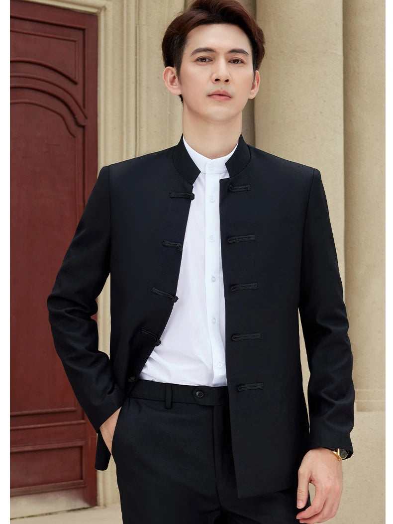 Modern Chinese Style Slim Fit Mandarin Collar Tang Suit Jacket Set