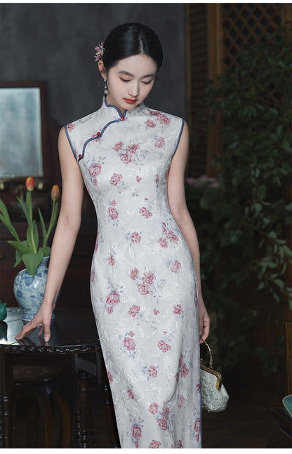 Sleeveless Floral Qipao Dress| Rosy
