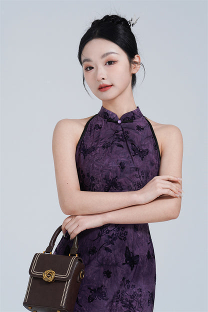 Purple Halter Neck Velvet Qipao with Butterfly Print