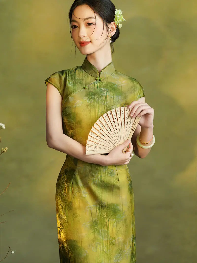 Vintage Green Bamboo Forest Cap Sleeve Qipao Dress