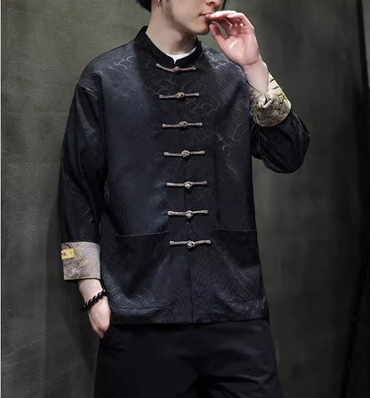 Model in black brocade tang jacket