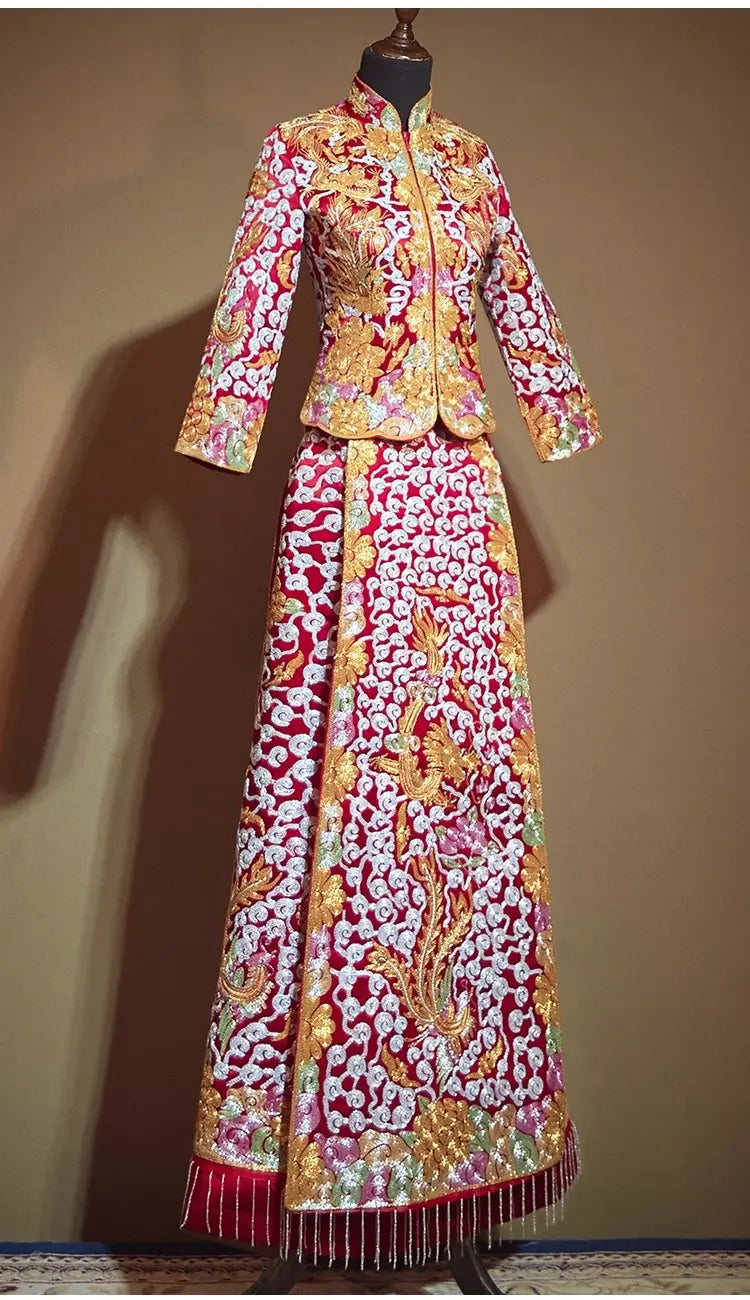 Multicolored Embroidered Qun Kwa - Cai Kwa Chinese Wedding Dress for Bride