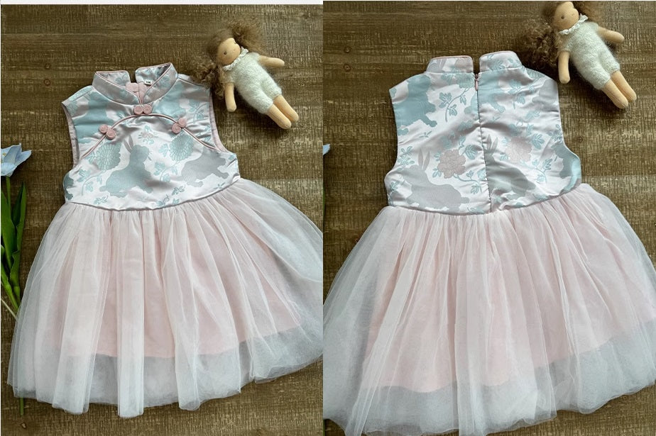 Kid's Pink Floral Satin Tulle Qipao Cheongsam Dress