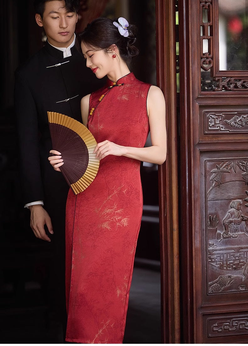 Robe Qipao Cheongsam en Jacquard Rouge sans Manches | Feuilles de Bambou