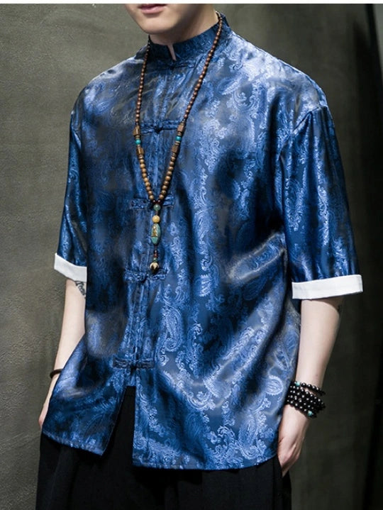 Men's Ice Silk Half-Sleeve Tang Suit Summer Shirt