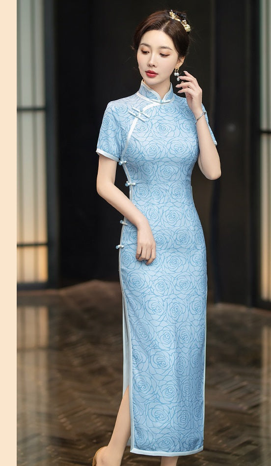modern chinese Blue Floral Cheongsam Qipao Dress