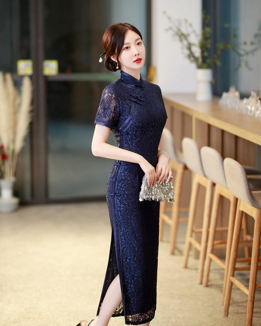 model in navy blue lace qipao cheongsam dress  looking 