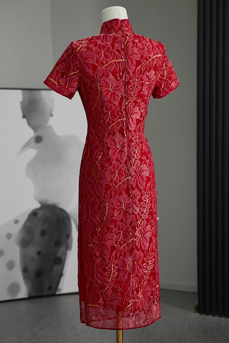 Red Lace Cheongsam Qipao Dress | Golden Dust