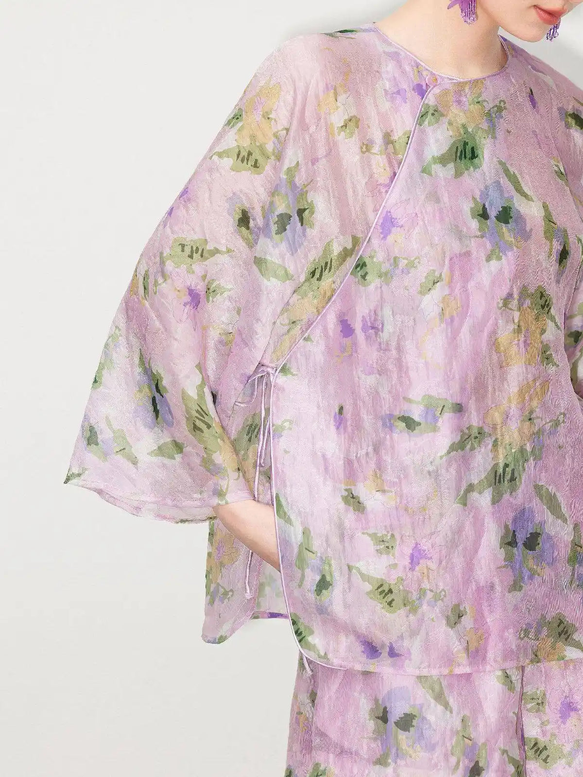 New Chinese Style - Asymmetrical Top & Elastic Waist Shorts in Lilac