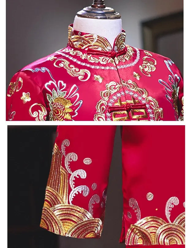 Robe de marié traditionnelle chinoise rouge et or à double bonheur (Tang Suit)