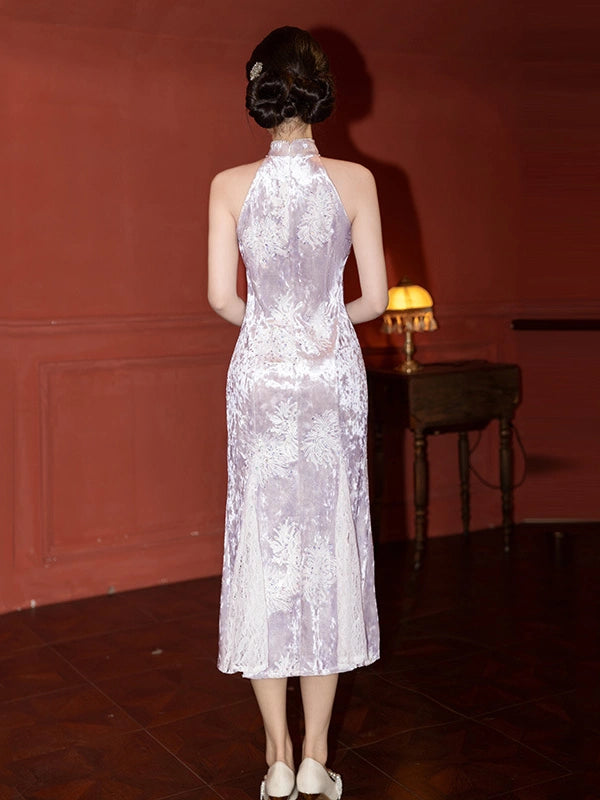 Qipao sirène moderne en dentelle et sequins lavande à col licou