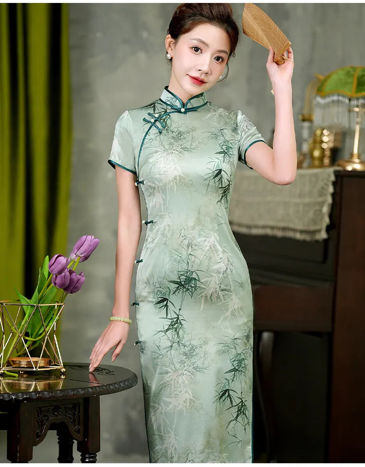 Green Bamboo Leaves Print Silk Qipao Dress