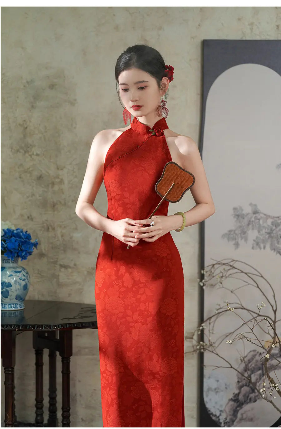 Red Floral Jacquard Halter Modern Bridal Qipao Dress