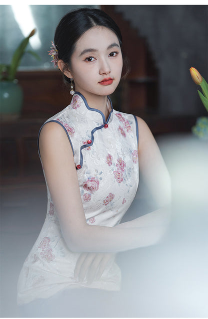 Sleeveless Floral Qipao Dress| Rosy
