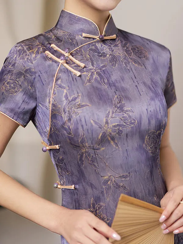 Qipao longue à fleurs lavande vintage
