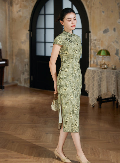 Mute Green Floral Silk Qipao Dress | Daisy