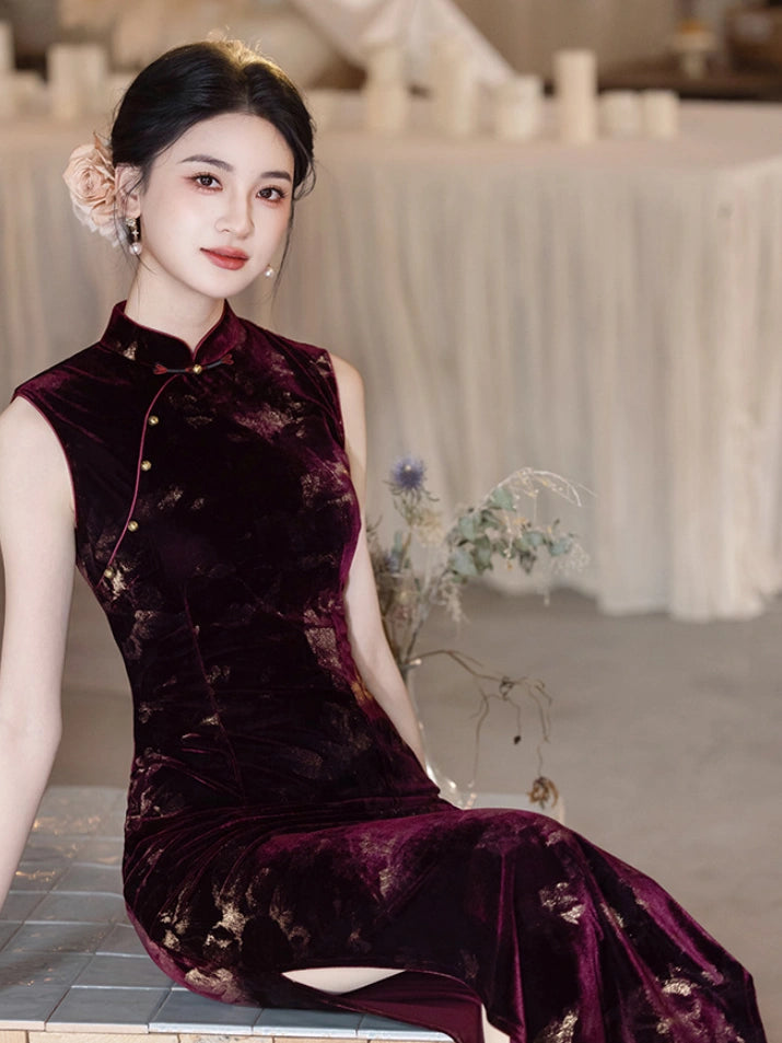 Burgundy Velvet Gold Floral Burnout  Sleeveless Qipao