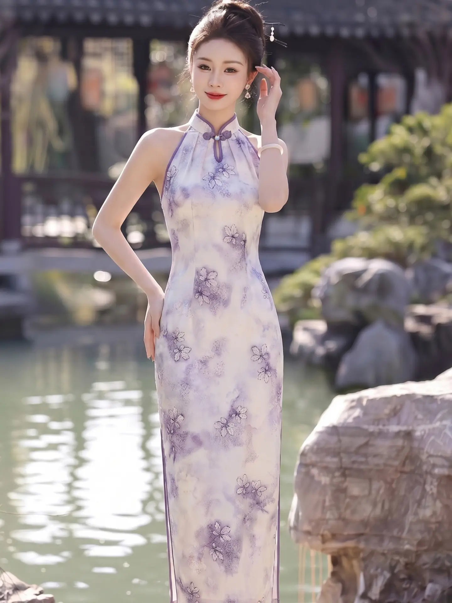 Purple Modern Halter Neck Floral Jacquard Qipao Dress